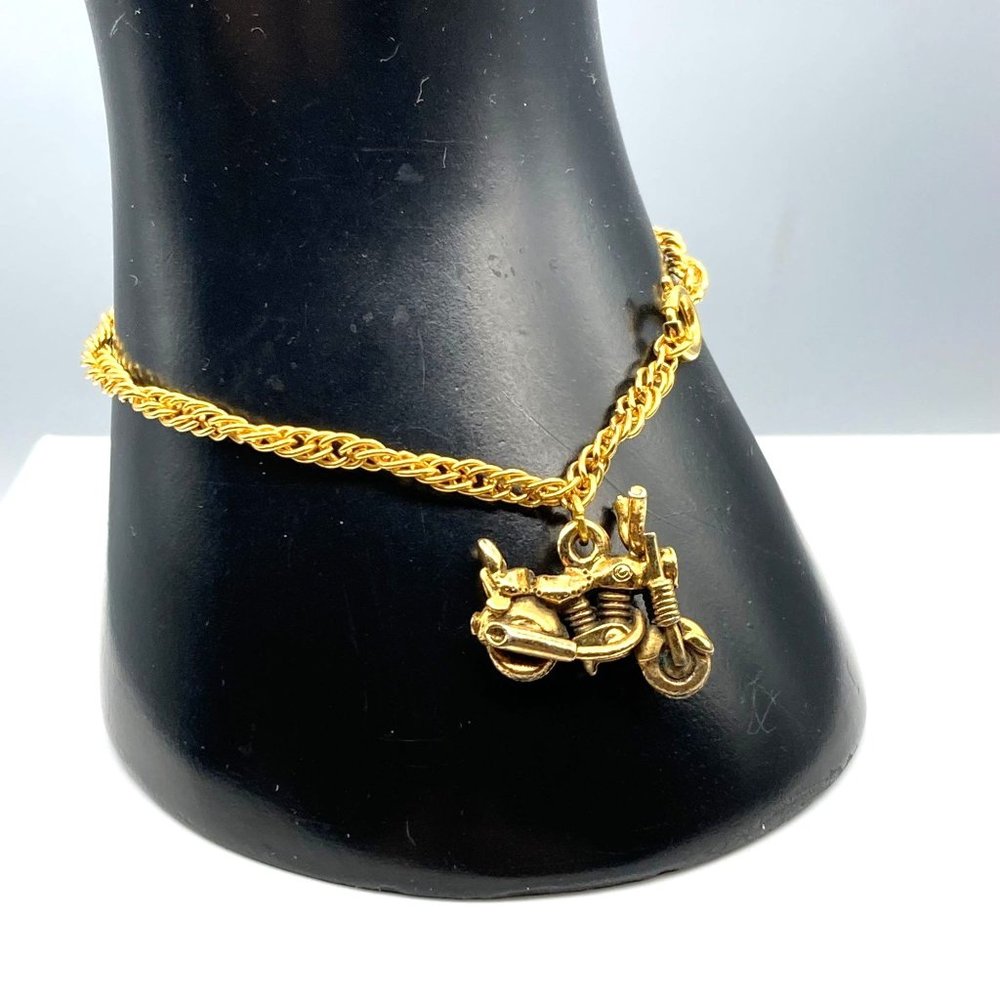 Vintage Chain Bracelet with Motorcycle Charm, Gold Tone Biker Babe